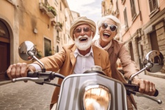 Retired happy couple on a scooter in a Mediterranean country on a vacation. Pension plan . High quality photo