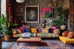 A maximalist living room with walls covered in intricate wallpaper, layered rugs, oversized art pieces, and an abundance of vibrant throw pillows