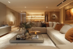 Stylish studio apartment interior with comfortable beige sofa