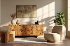Modern japandi living room with a wooden burl credenza, cream minimalist armchair, fiddle leaf fig and warm sunlight bathing natural wood floors for a cozy, serene feel